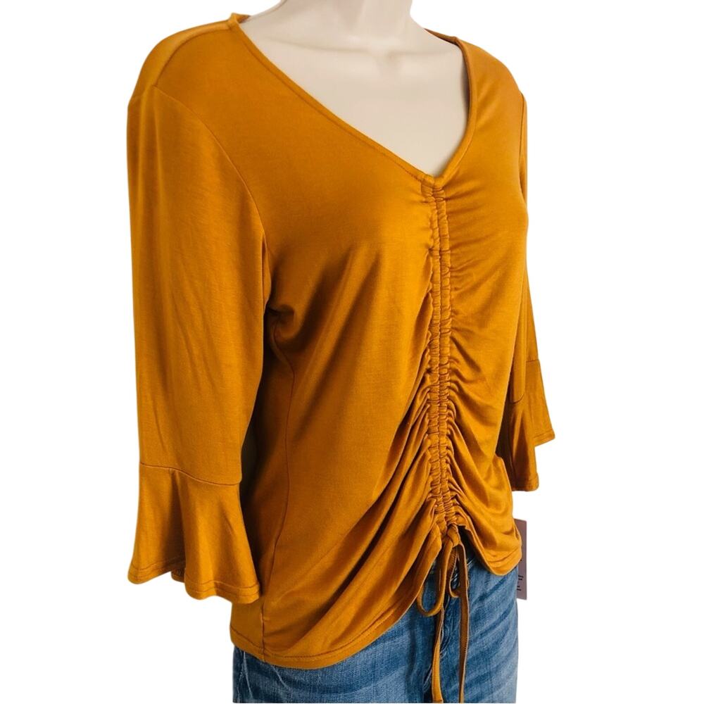 NWT Nanette Lepore Mustard Yellow Ruched Front Jersey V Neck Top